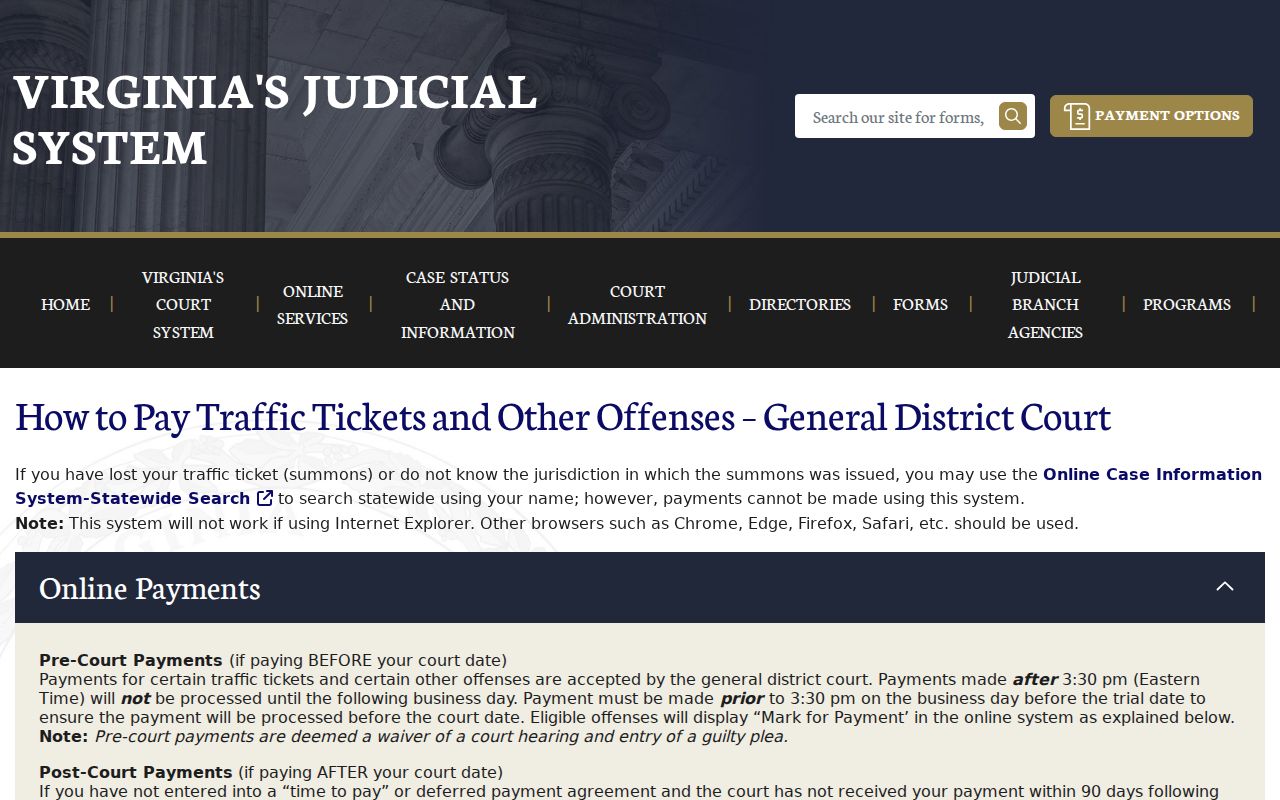 Sussex County traffic warrant and General District Court payment controls
