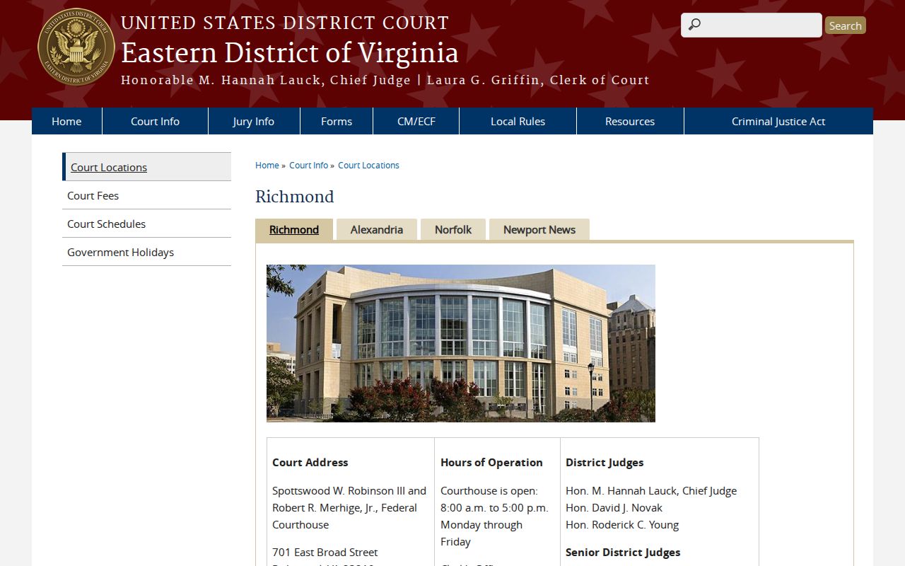 Sussex County federal arrest warrant cases and Richmond federal courthouse information