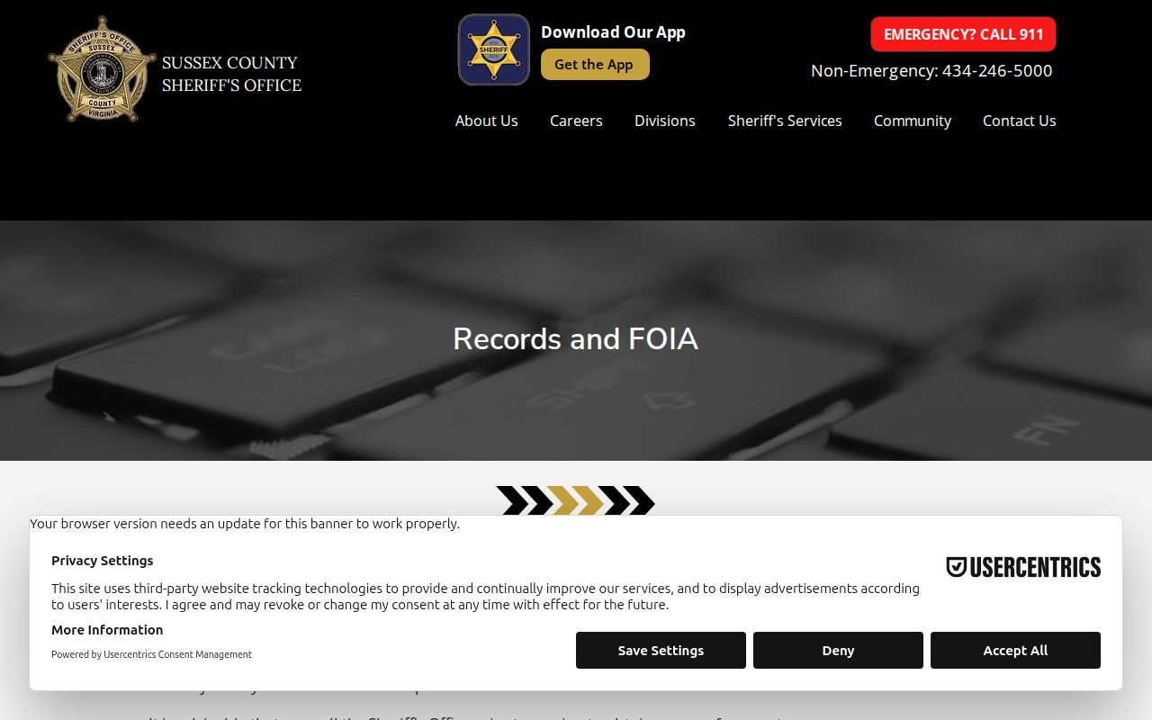 Sussex County warrant record FOIA request instructions and Sheriff's records process