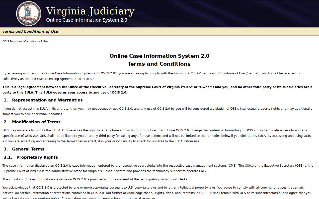 Sussex County warrant search using Virginia OCIS 2.0 case lookup